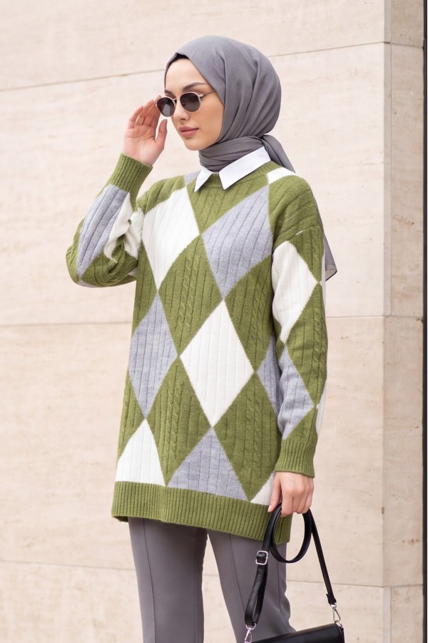 Front Diamond Pattern Knitwear Tunic  -PISTACHIO GREEN