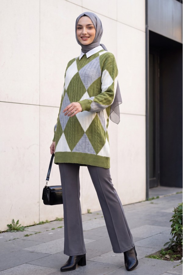Front Diamond Pattern Knitwear Tunic  -PISTACHIO GREEN