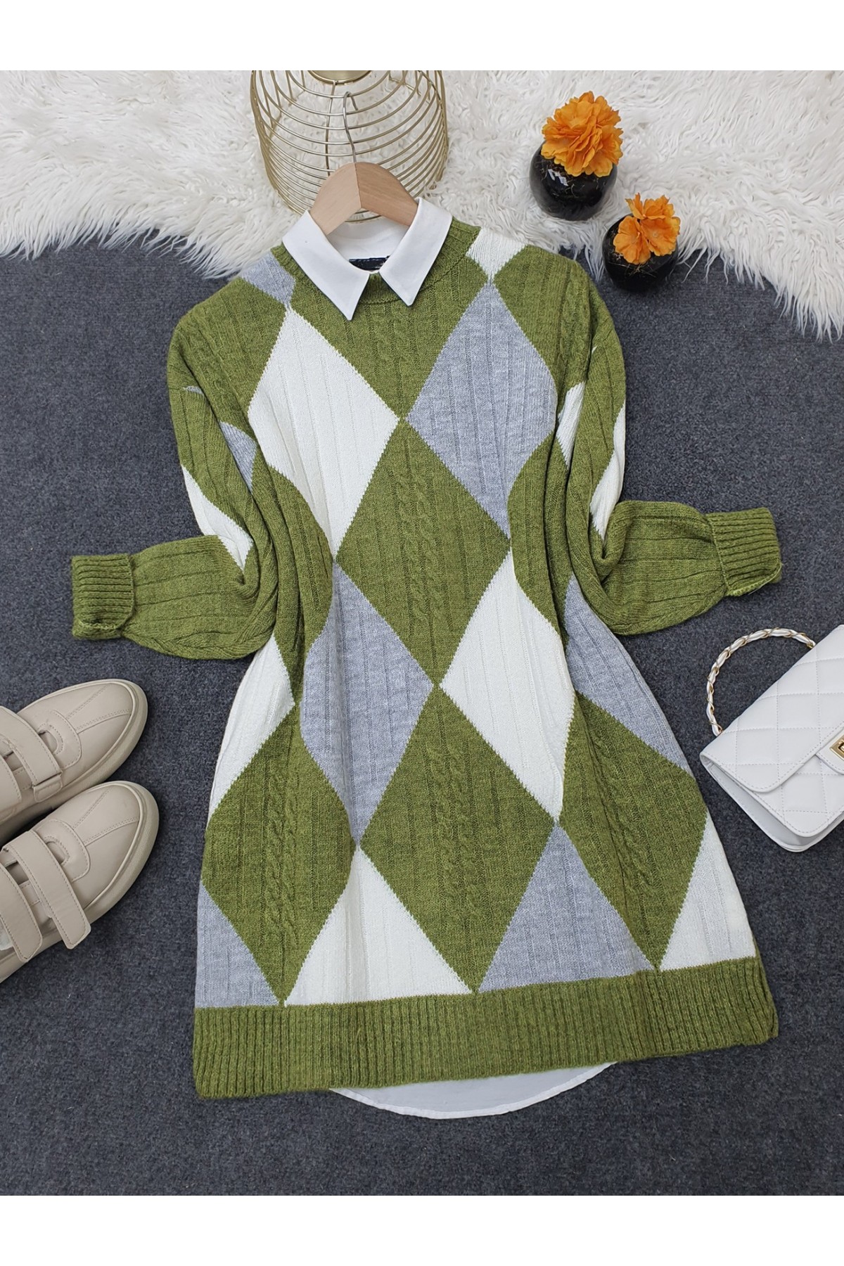 Front Diamond Pattern Knitwear Tunic  -PISTACHIO GREEN