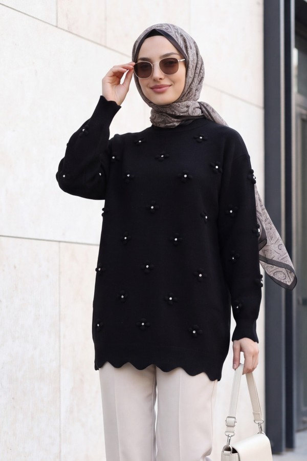 Asymmetric Knit Tunic with Rhinestone Pom-Pom Detail -Black