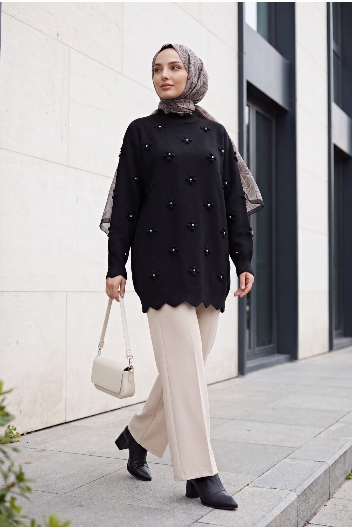 Asymmetric Knit Tunic with Rhinestone Pom-Pom Detail -Black