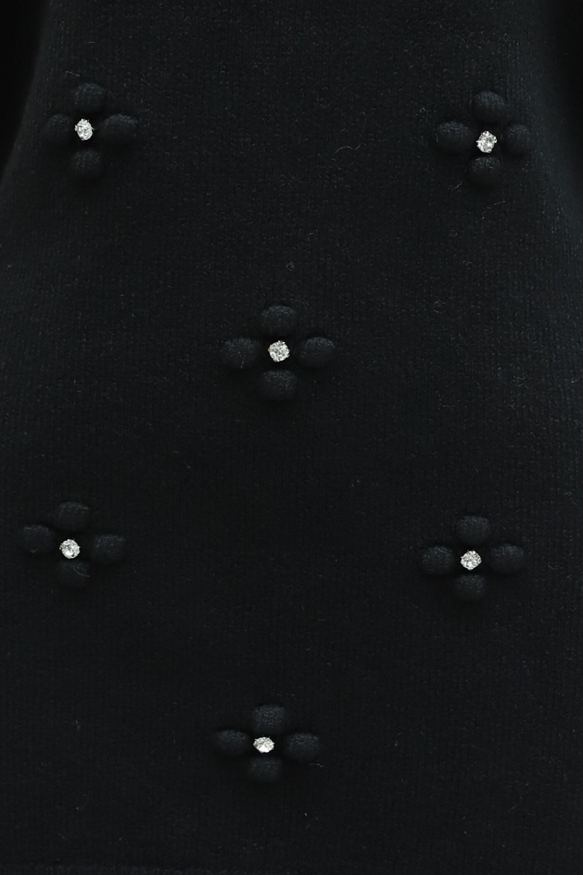 Asymmetric Knit Tunic with Rhinestone Pom-Pom Detail -Black
