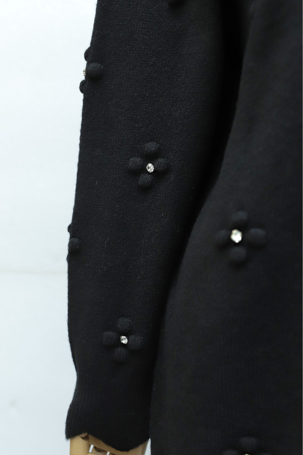 Asymmetric Knit Tunic with Rhinestone Pom-Pom Detail -Black