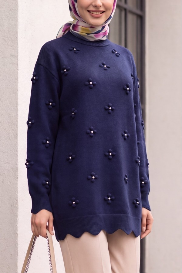 Asymmetric Knit Tunic with Rhinestone Pom-Pom Detail -Navy blue
