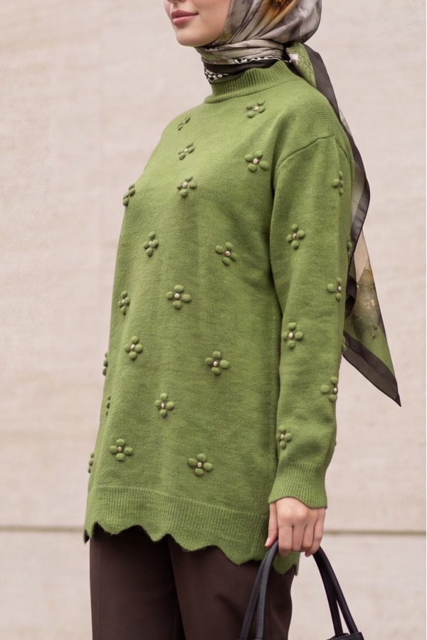 Asymmetric Knit Tunic with Rhinestone Pom-Pom Detail -Khaki