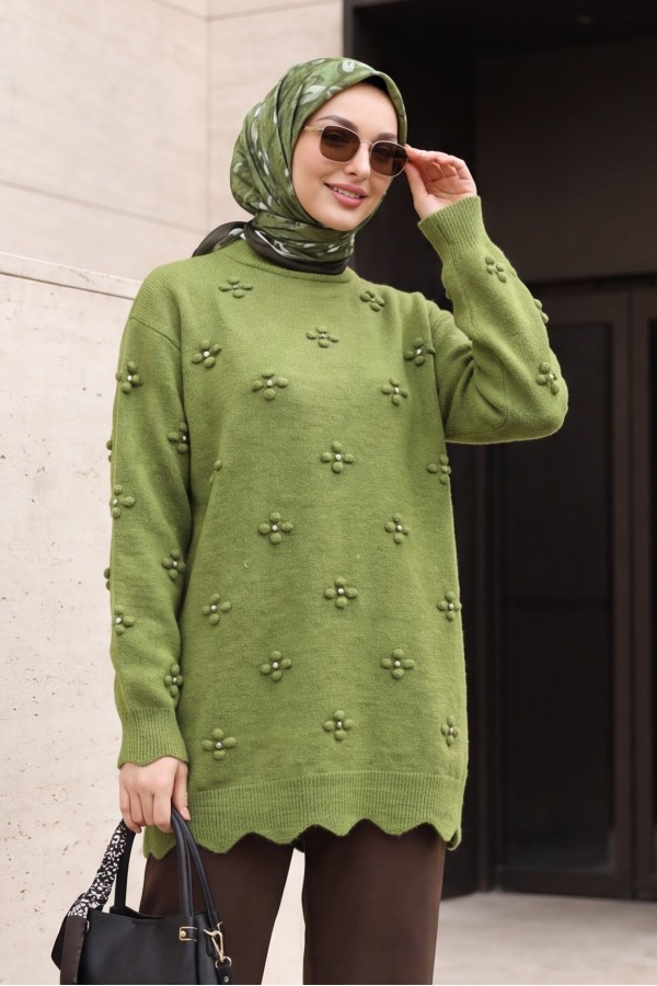 Asymmetric Knit Tunic with Rhinestone Pom-Pom Detail -Khaki