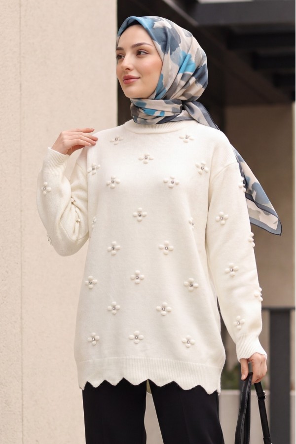 Asymmetric Knit Tunic with Rhinestone Pom-Pom Detail -Ecru