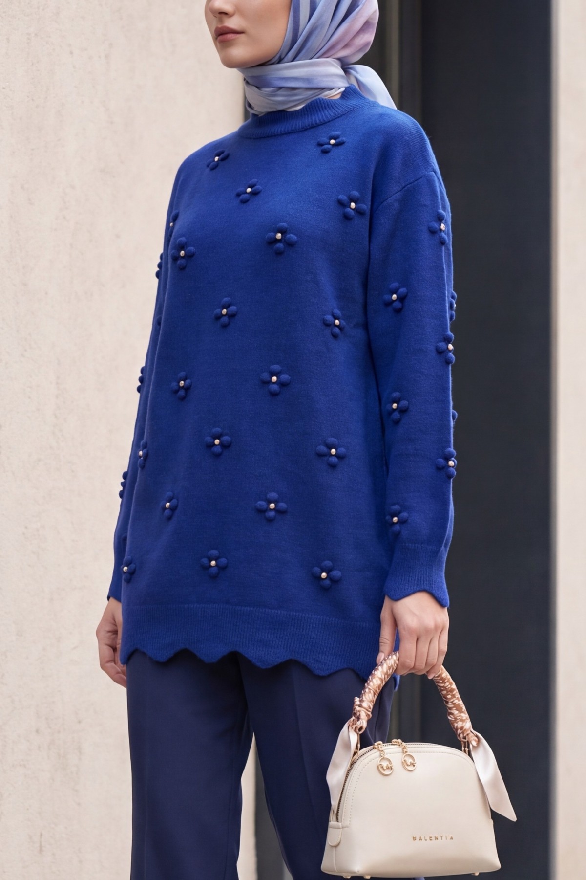 Asymmetric Knit Tunic with Rhinestone Pom-Pom Detail -Saxe 
