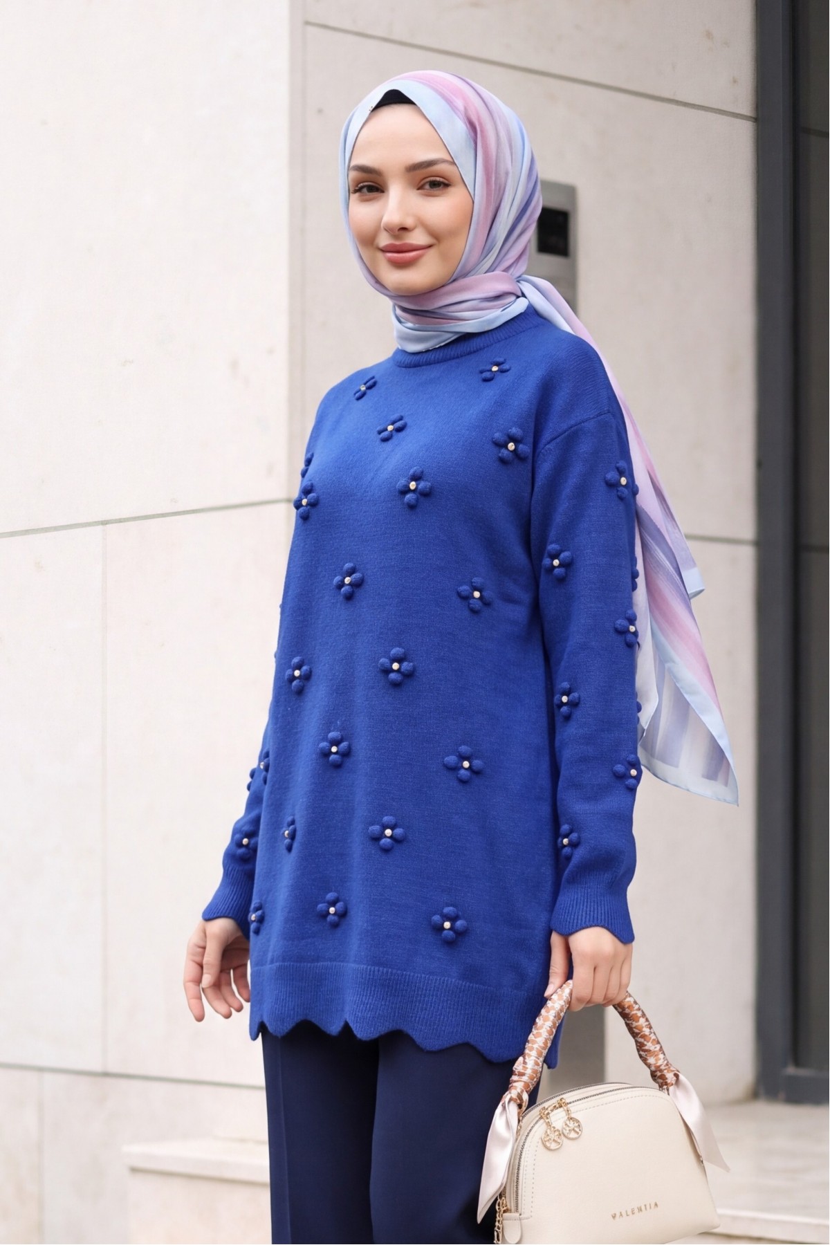 Asymmetric Knit Tunic with Rhinestone Pom-Pom Detail -Saxe 