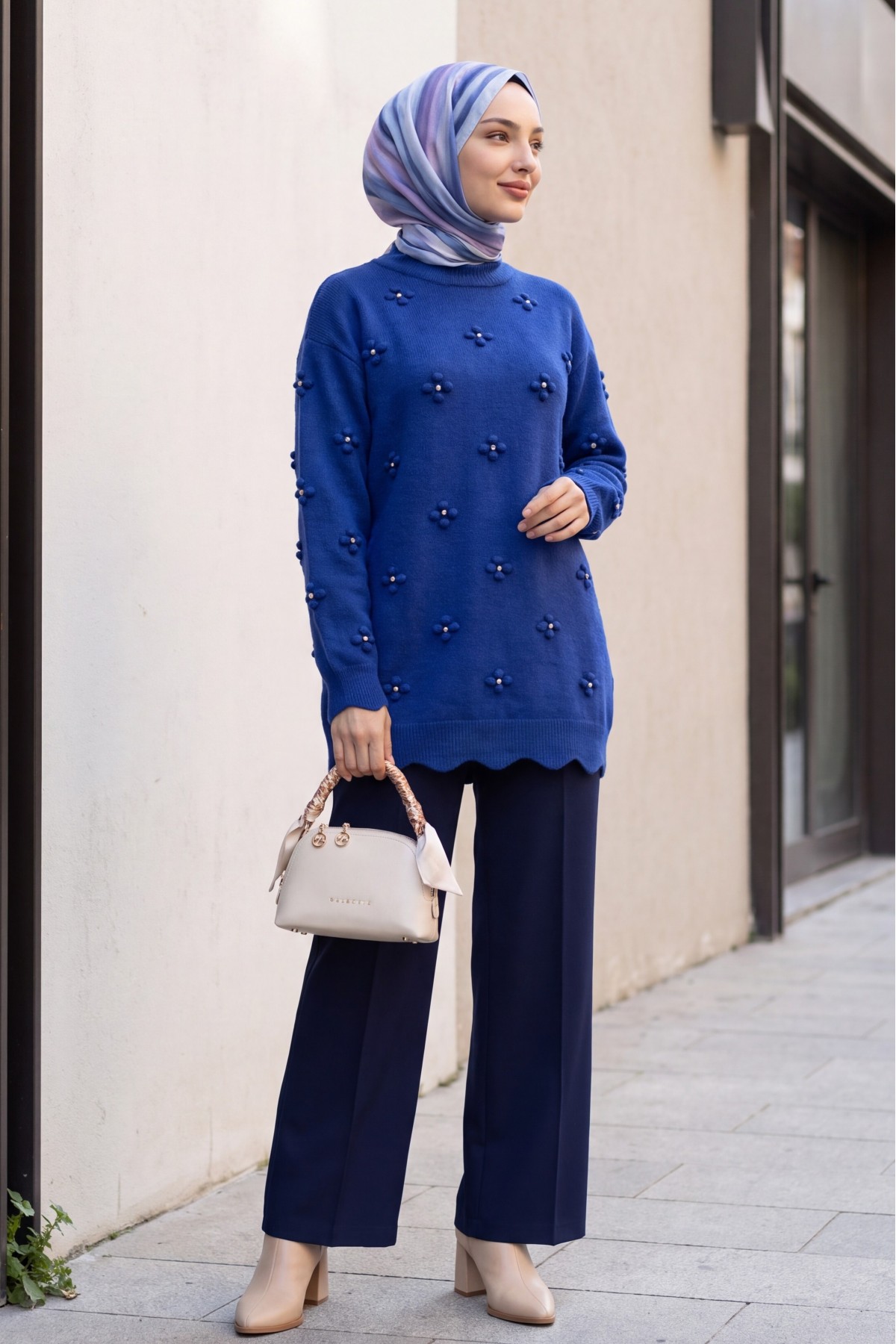 Asymmetric Knit Tunic with Rhinestone Pom-Pom Detail -Saxe 