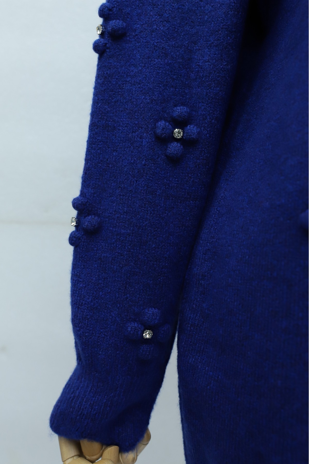 Asymmetric Knit Tunic with Rhinestone Pom-Pom Detail -Saxe 