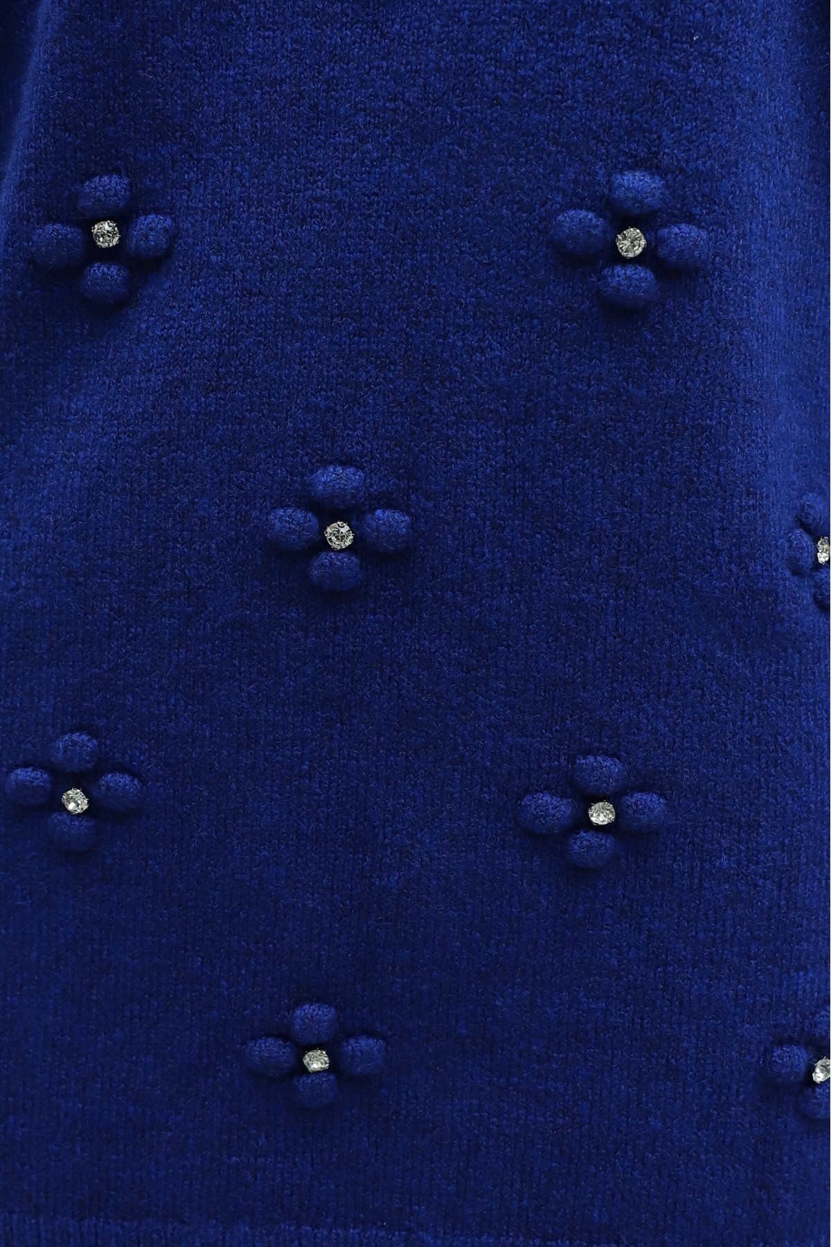 Asymmetric Knit Tunic with Rhinestone Pom-Pom Detail -Saxe 