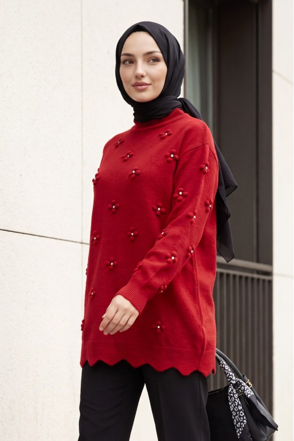 Asymmetric Knit Tunic with Rhinestone Pom-Pom Detail -Red