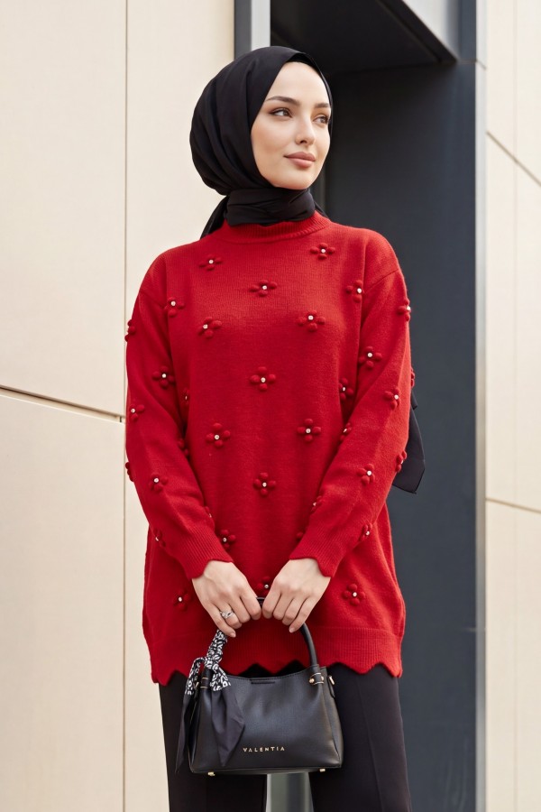 Asymmetric Knit Tunic with Rhinestone Pom-Pom Detail -Red