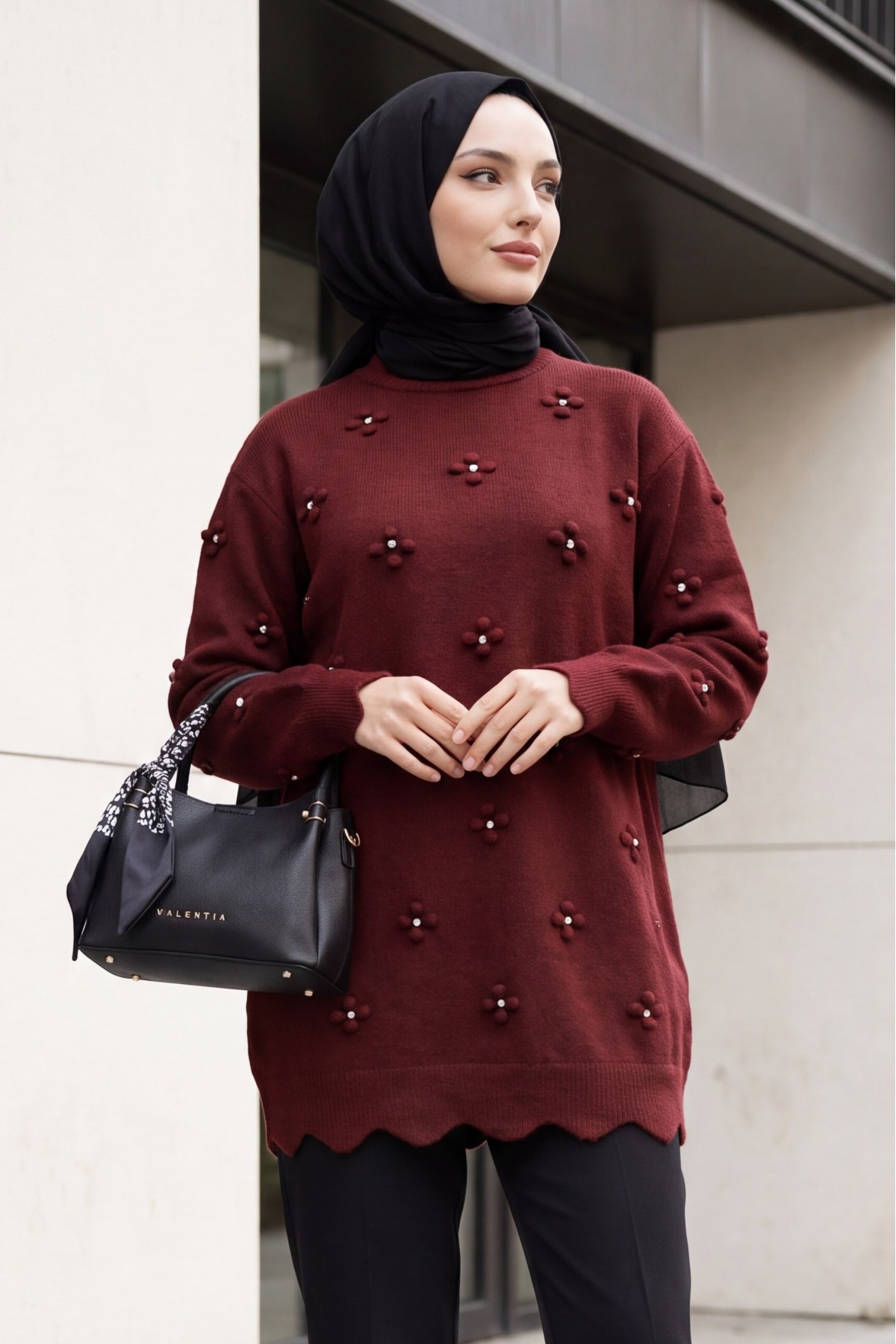 Asymmetric Knit Tunic with Rhinestone Pom-Pom Detail -Dark Bordo