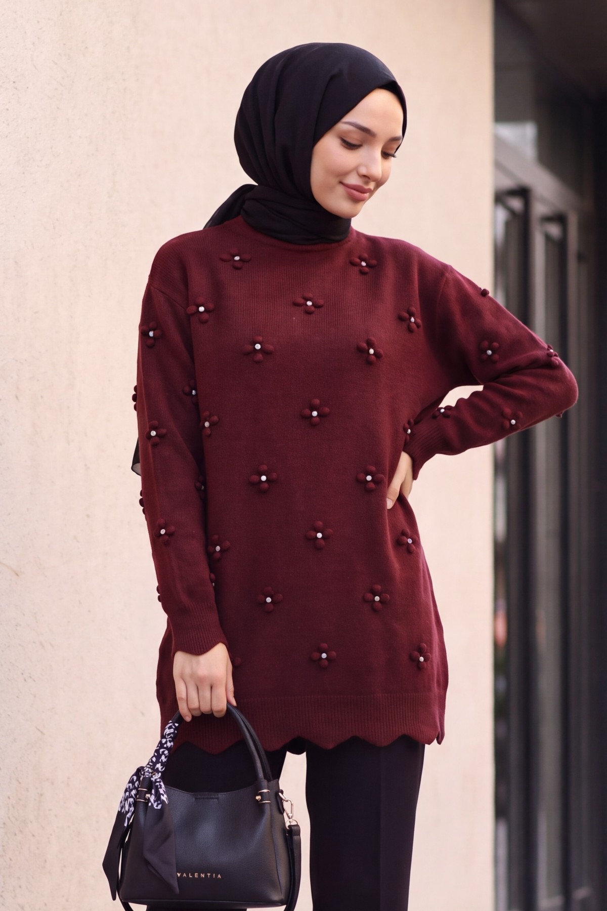 Asymmetric Knit Tunic with Rhinestone Pom-Pom Detail -Dark Bordo