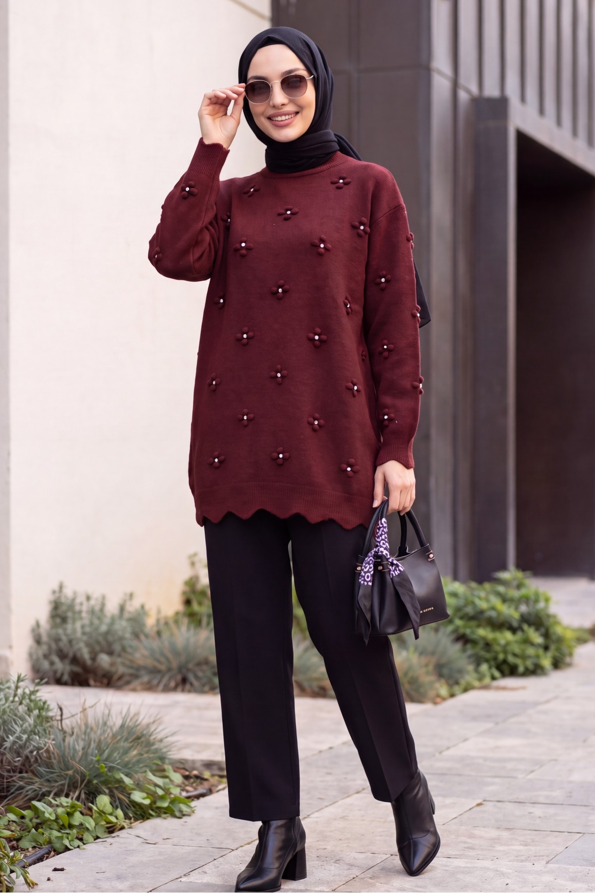 Asymmetric Knit Tunic with Rhinestone Pom-Pom Detail -Dark Bordo