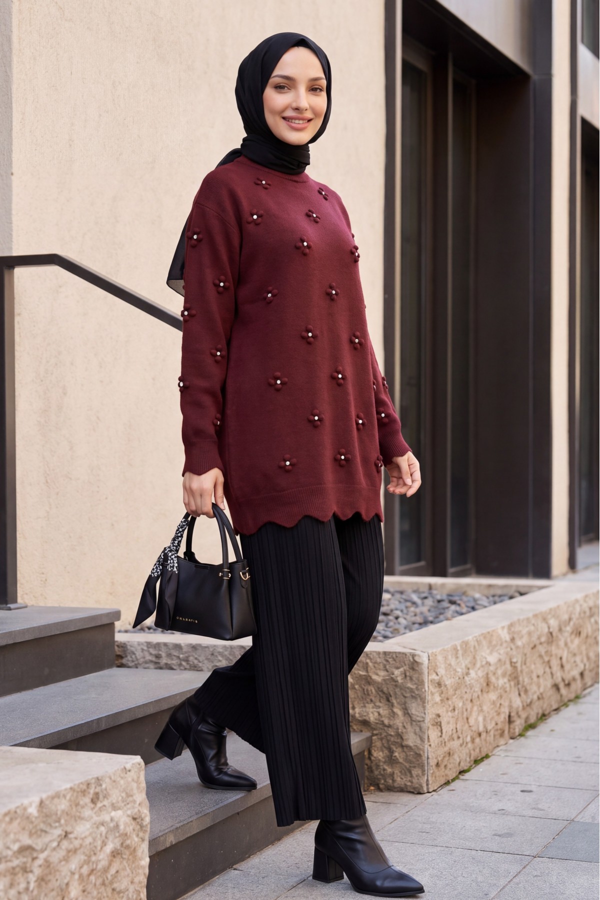 Asymmetric Knit Tunic with Rhinestone Pom-Pom Detail -Dark Bordo