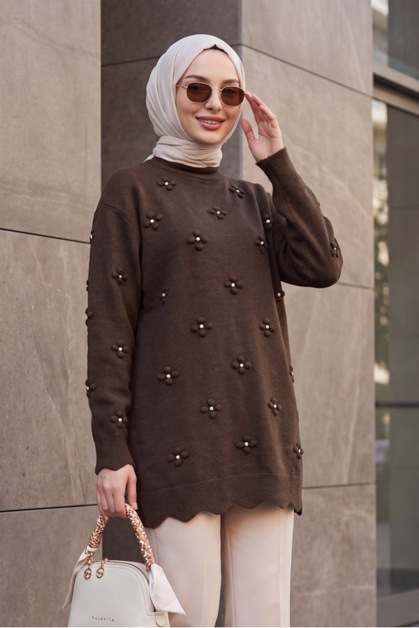 Asymmetric Knit Tunic with Rhinestone Pom-Pom Detail -Dark Coffee