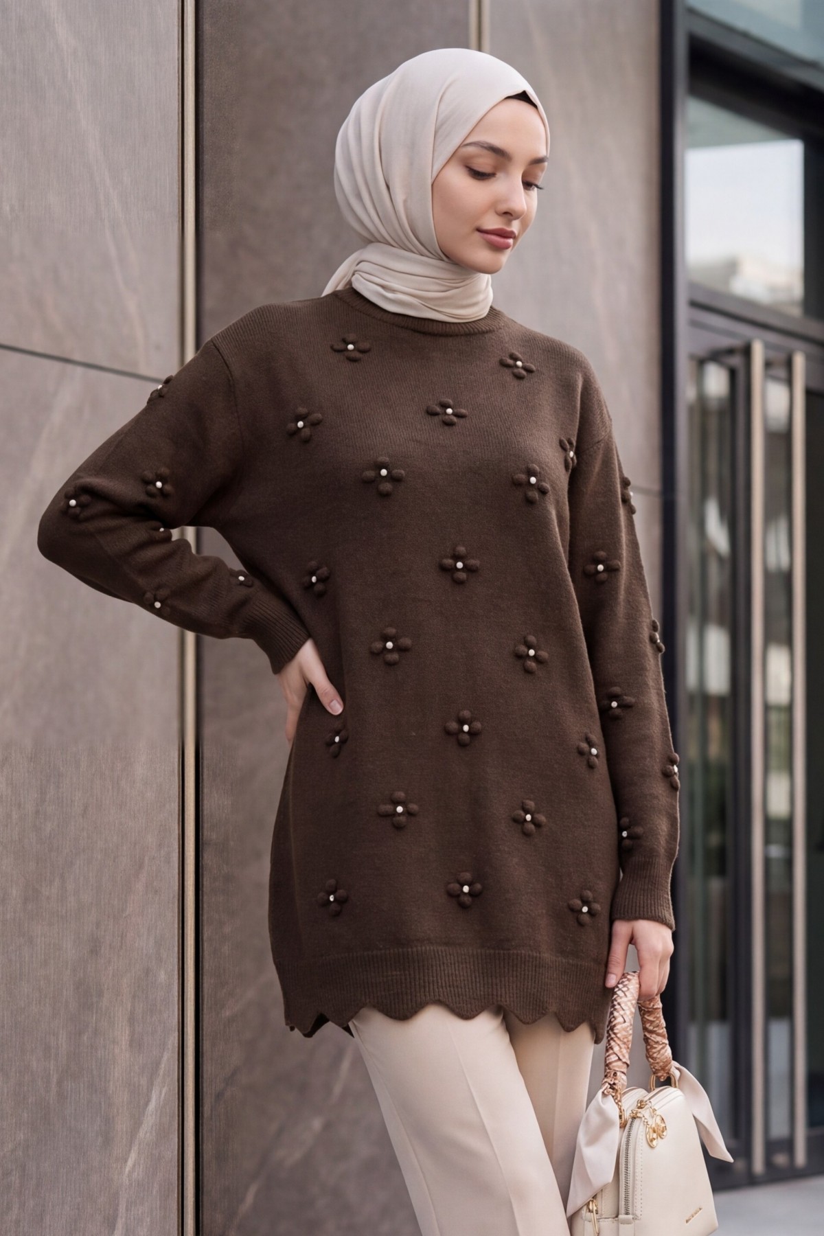 Asymmetric Knit Tunic with Rhinestone Pom-Pom Detail -Dark Coffee