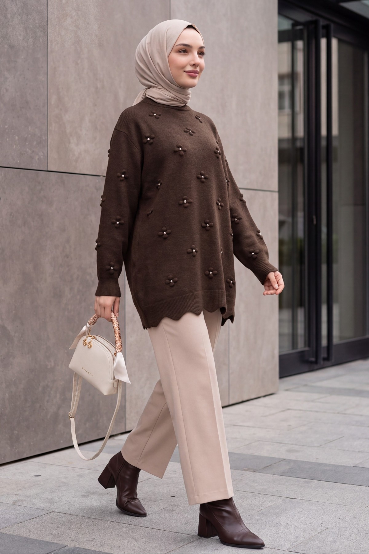 Asymmetric Knit Tunic with Rhinestone Pom-Pom Detail -Dark Coffee