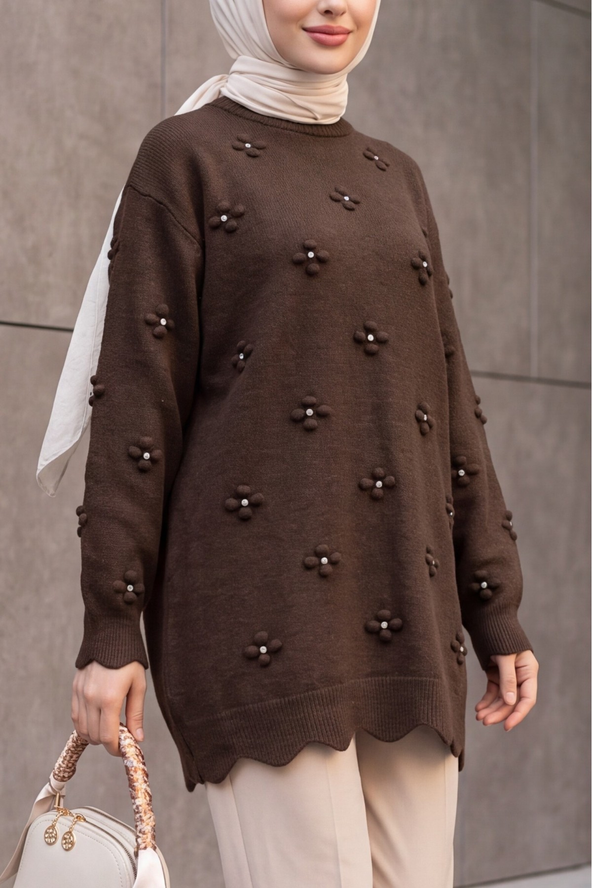 Asymmetric Knit Tunic with Rhinestone Pom-Pom Detail -Dark Coffee