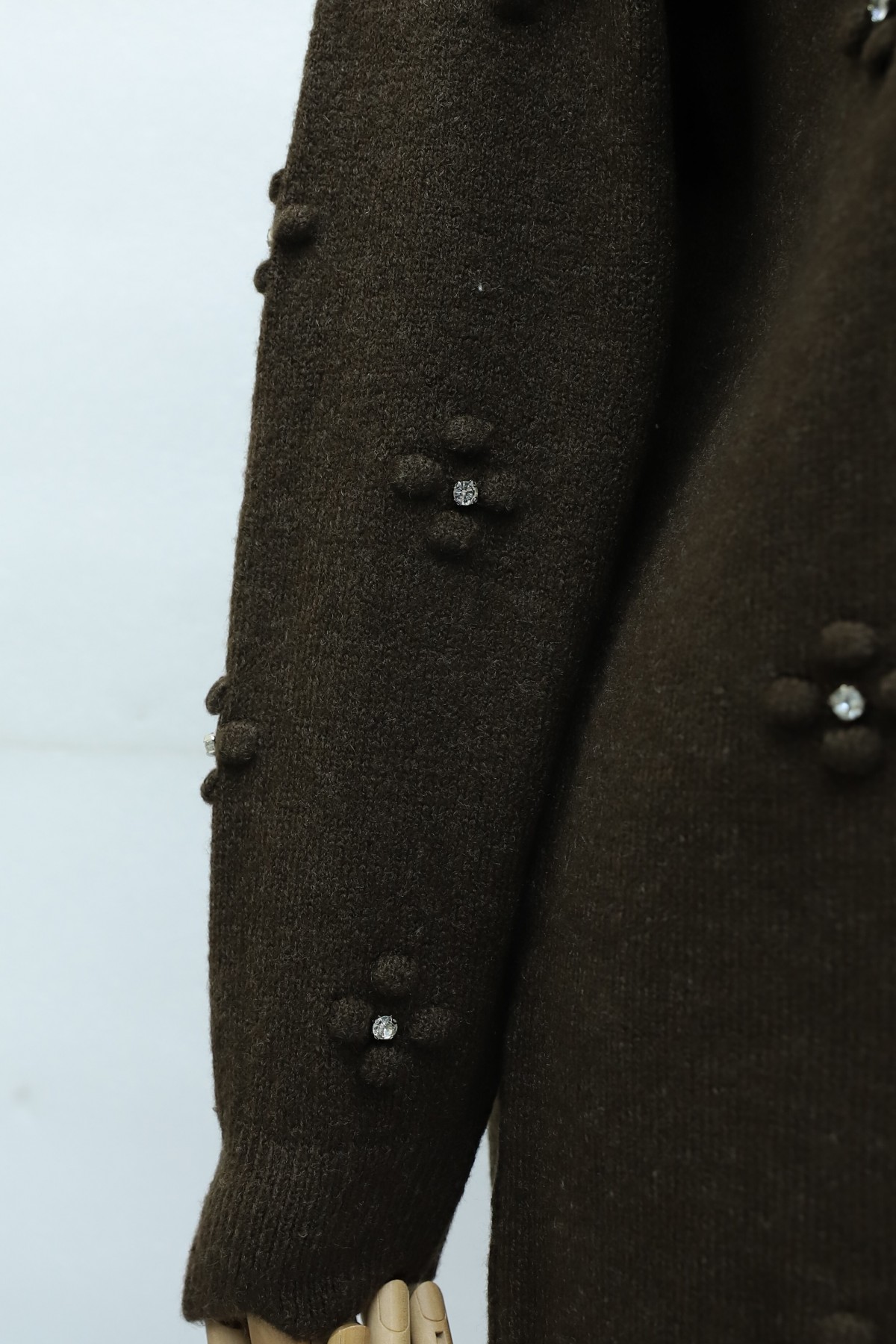 Asymmetric Knit Tunic with Rhinestone Pom-Pom Detail -Dark Coffee