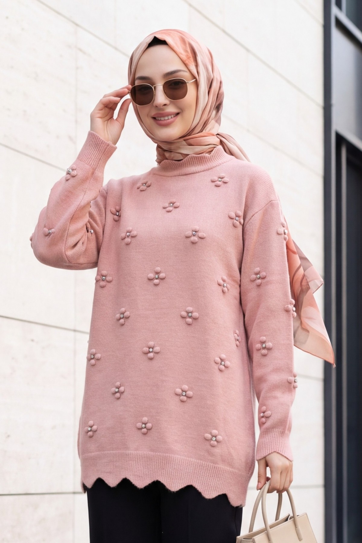 Asymmetric Knit Tunic with Rhinestone Pom-Pom Detail -Puppies mouth