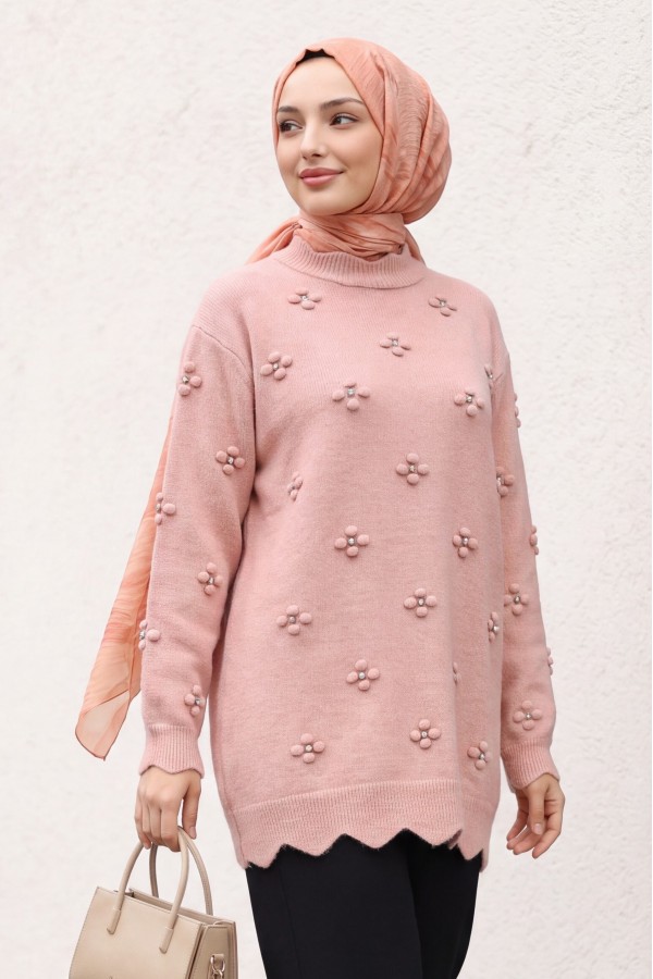 Asymmetric Knit Tunic with Rhinestone Pom-Pom Detail -Puppies mouth