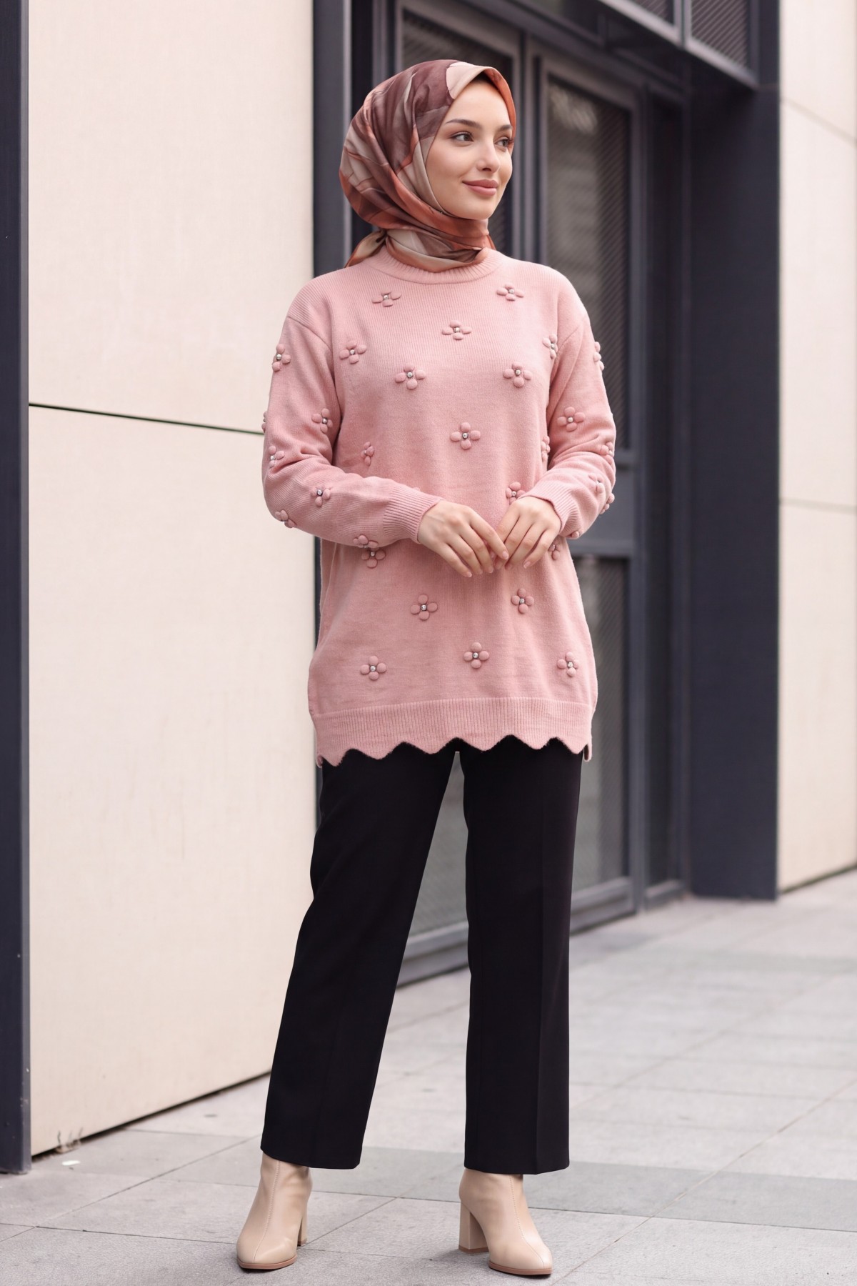 Asymmetric Knit Tunic with Rhinestone Pom-Pom Detail -Puppies mouth