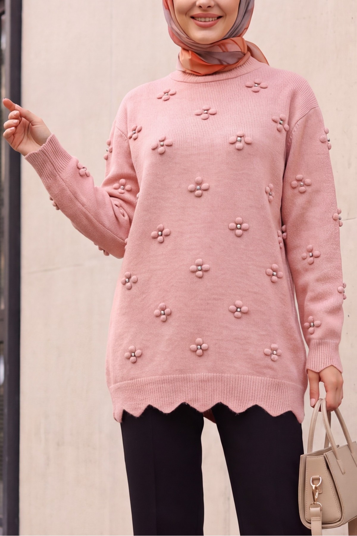 Asymmetric Knit Tunic with Rhinestone Pom-Pom Detail -Puppies mouth