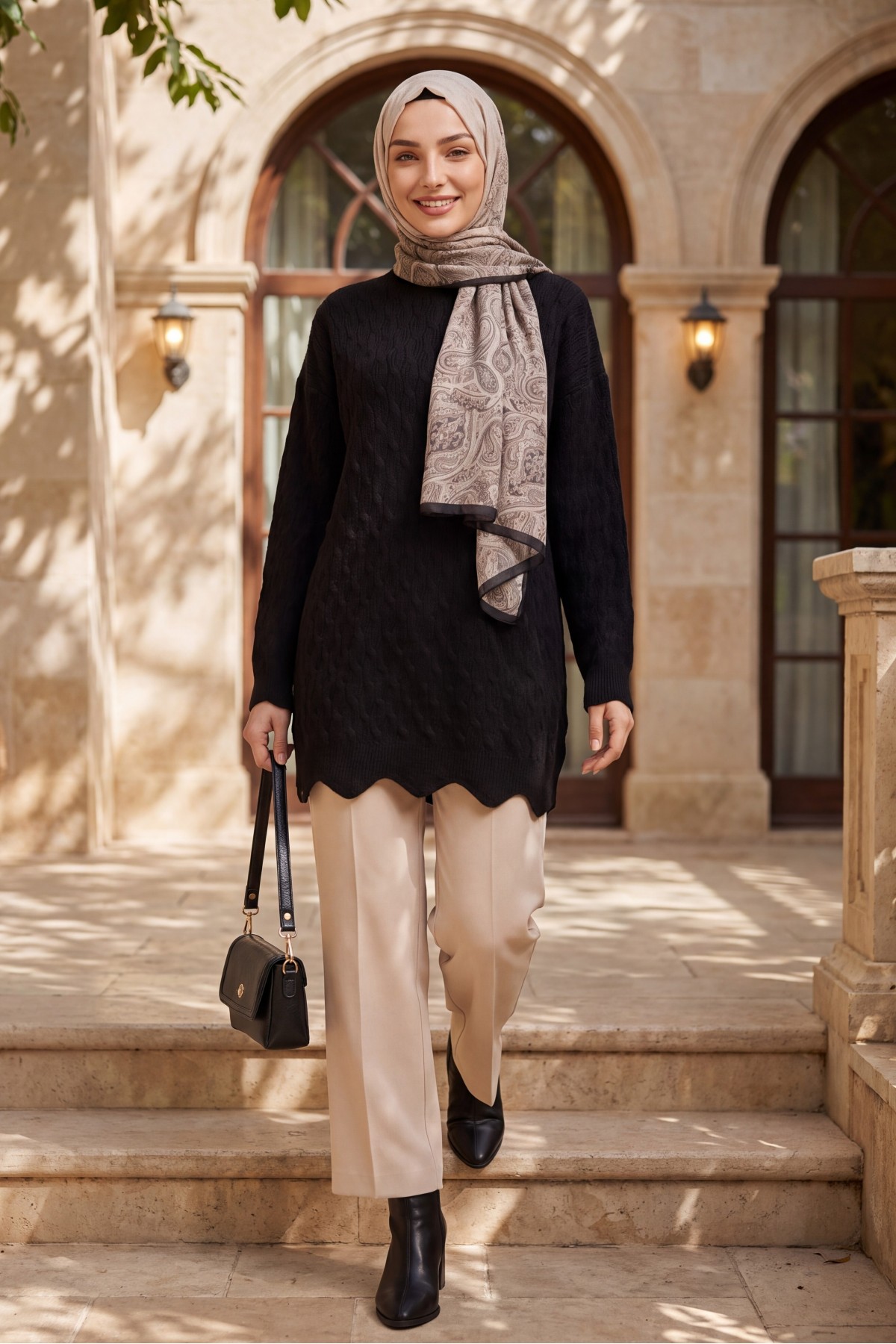 Oversized Crew-Neck Knit Tunic with Chain Pattern -Black