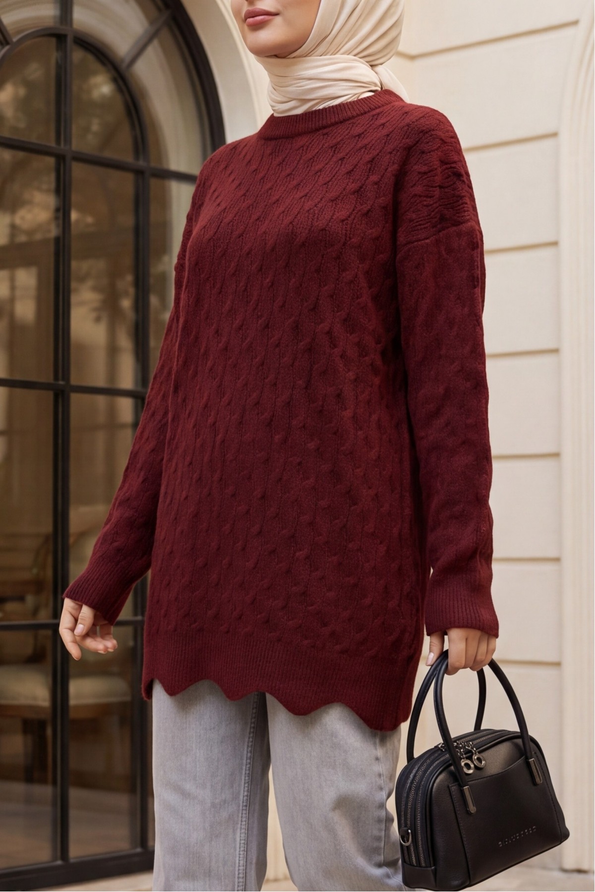 Oversized Crew-Neck Knit Tunic with Chain Pattern -Maroon