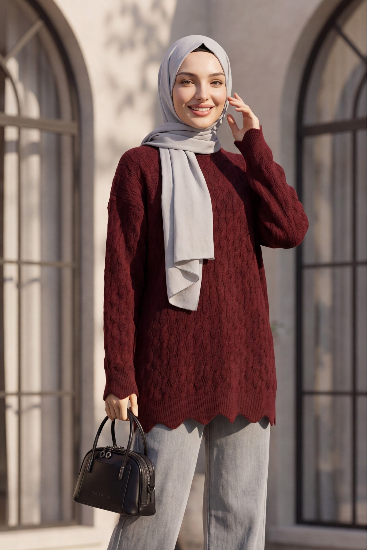 Oversized Crew-Neck Knit Tunic with Chain Pattern -Maroon
