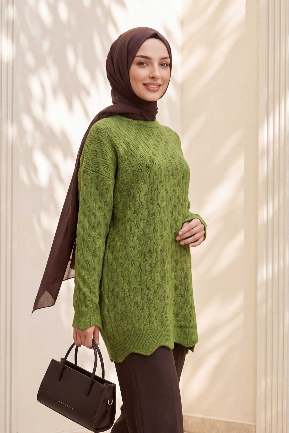 Oversized Crew-Neck Knit Tunic with Chain Pattern -PISTACHIO GREEN