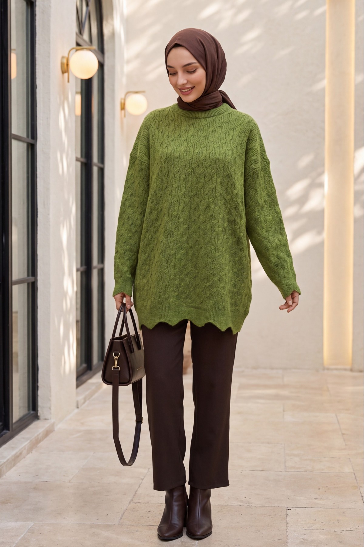 Oversized Crew-Neck Knit Tunic with Chain Pattern -PISTACHIO GREEN