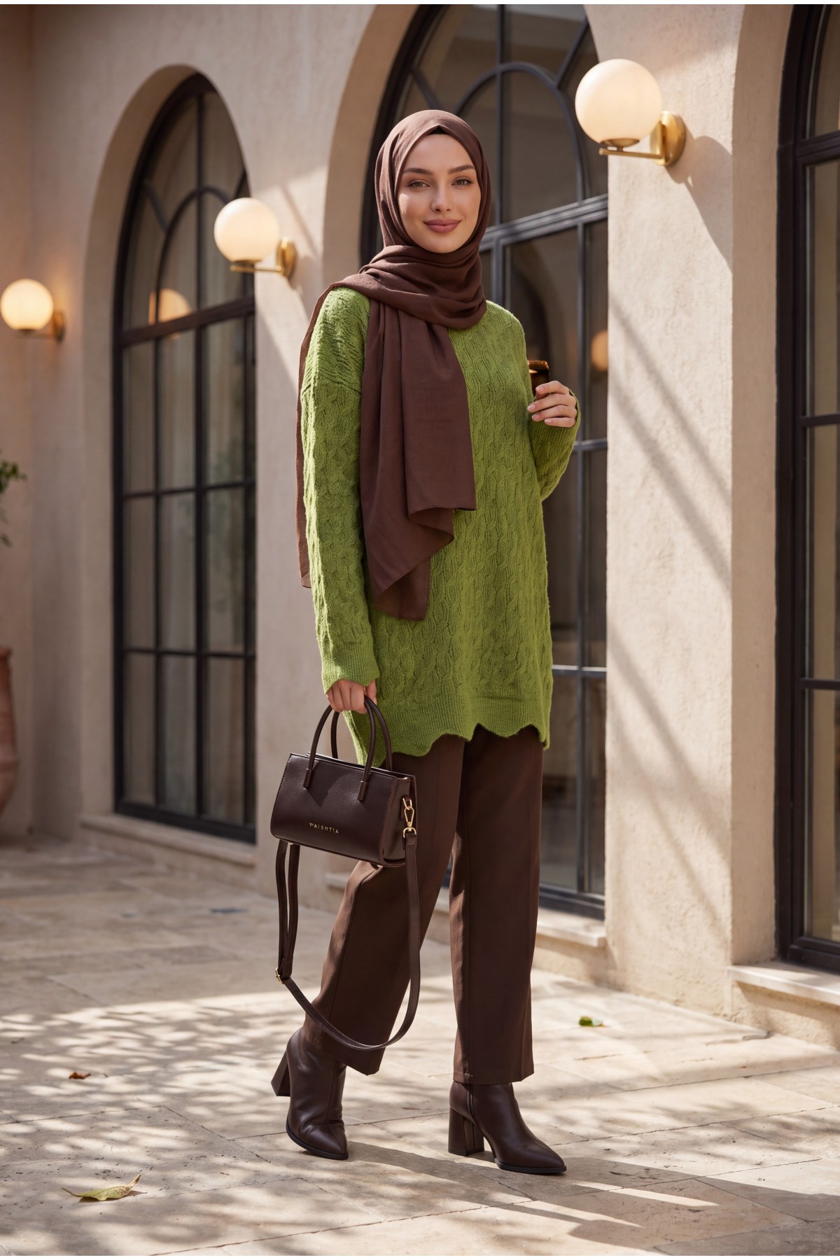 Oversized Crew-Neck Knit Tunic with Chain Pattern -PISTACHIO GREEN