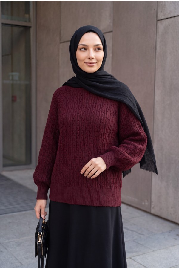 Ajurlu Desenli Balon Kol Triko Kazak   -Bordo