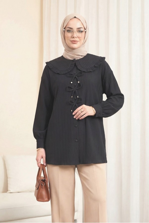 Önü Kurdele Detaylı Düğmeli Önlük Yaka Gömlek   -Siyah