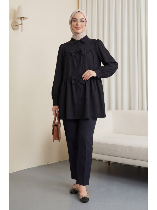Önü Fiyonk Detaylı Parçalı Gömlek   -Siyah