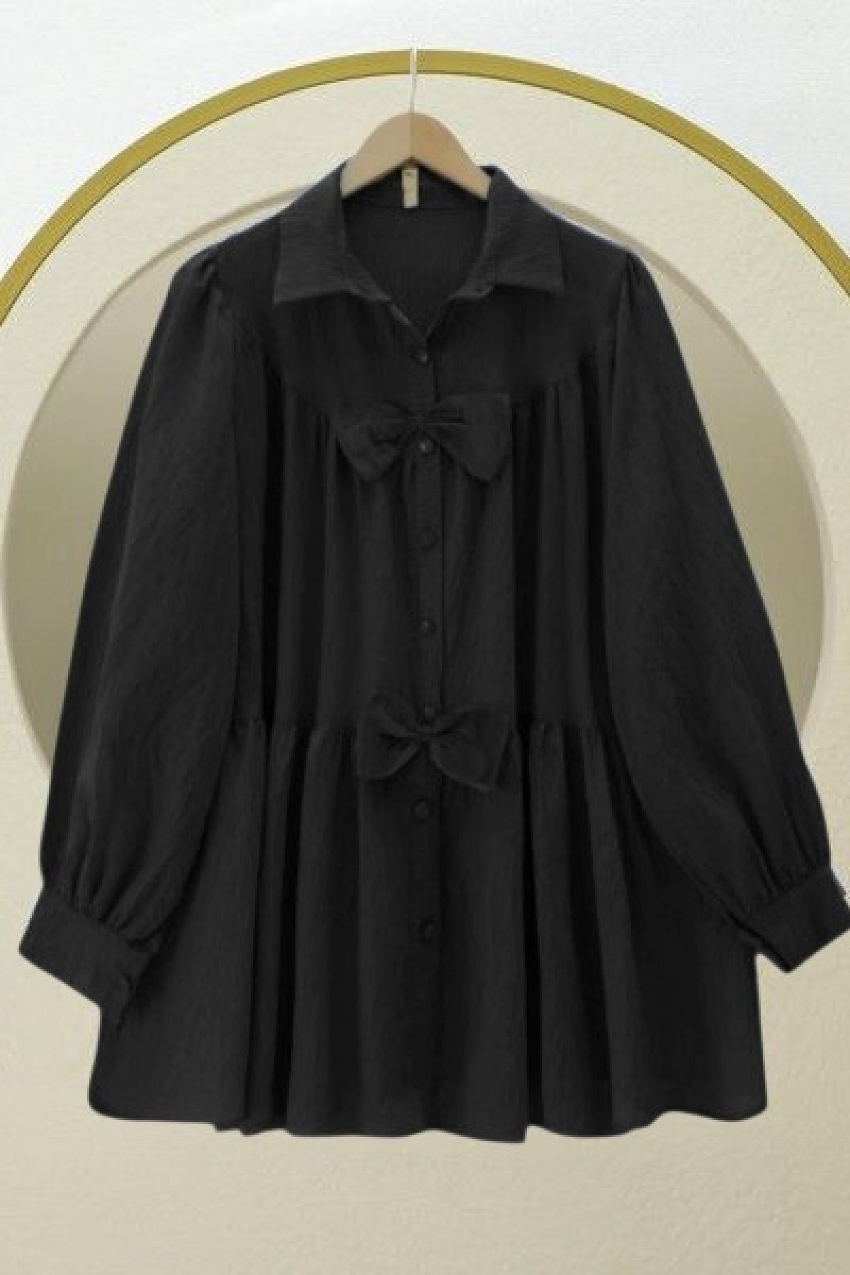 Önü Fiyonk Detaylı Parçalı Gömlek   -Siyah