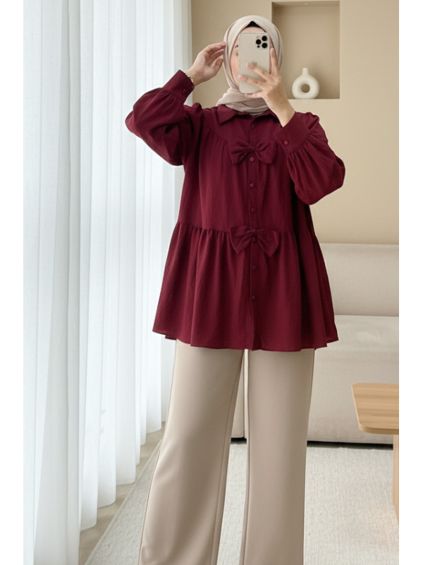 Önü Fiyonk Detaylı Parçalı Gömlek  -Bordo