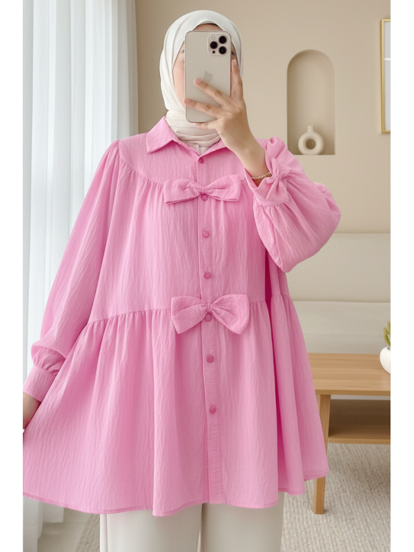 Önü Fiyonk Detaylı Parçalı Gömlek -Pembe
