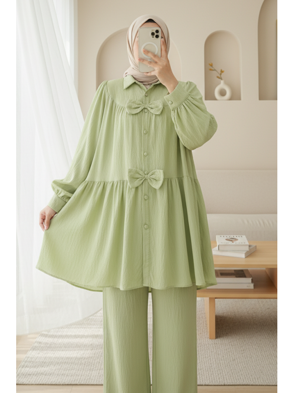 Önü Fiyonk Detaylı Parçalı Gömlek  -Su Yeşili