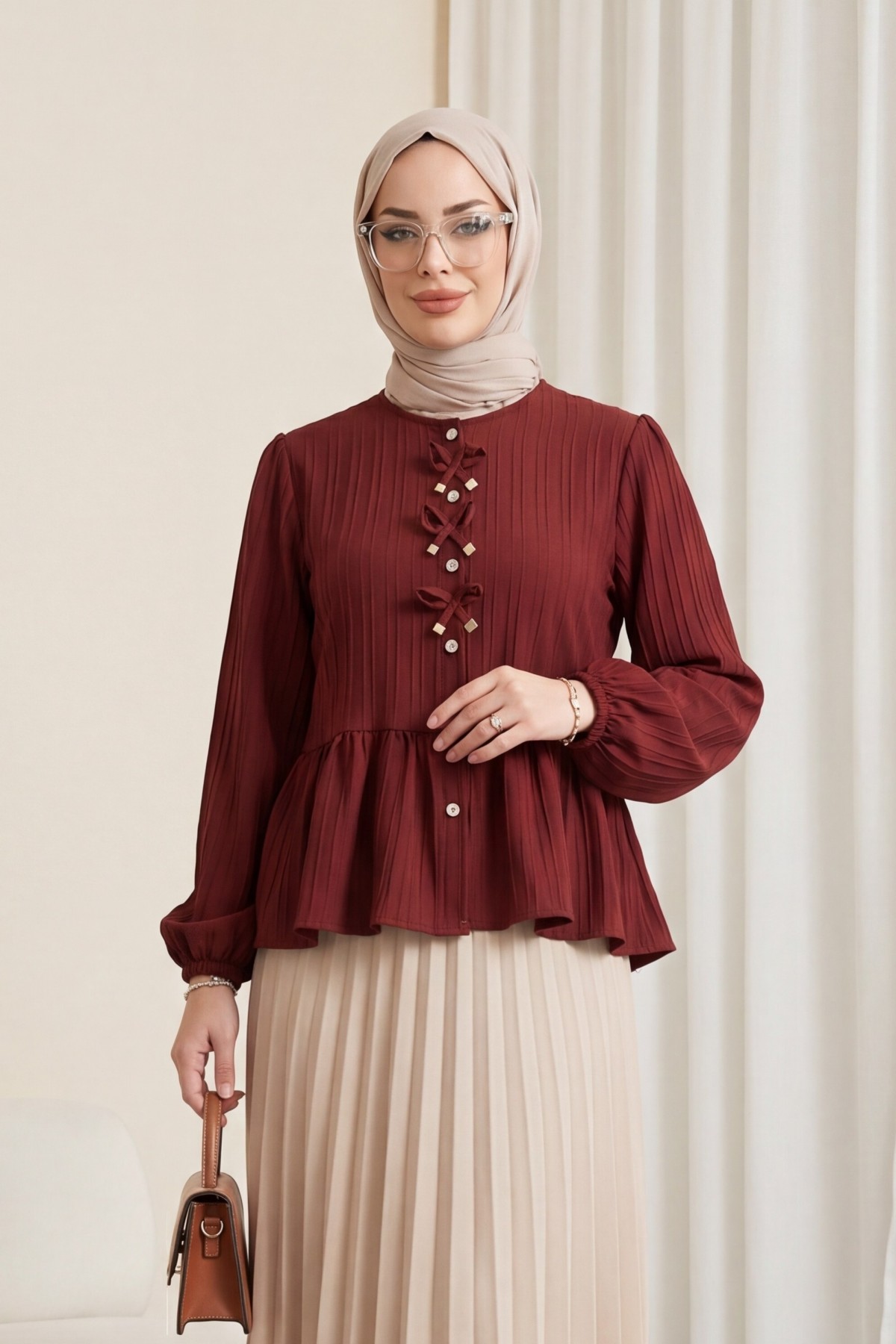 Buttoned Blouse with Elastic Sleeves and Bow Detail on the Front   -Maroon