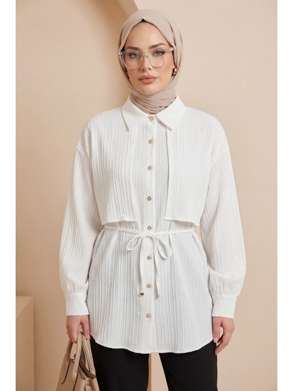 قميص بوليرو مربوط الخصر مع أزرار وتفاصيل حجرية  -أبيض