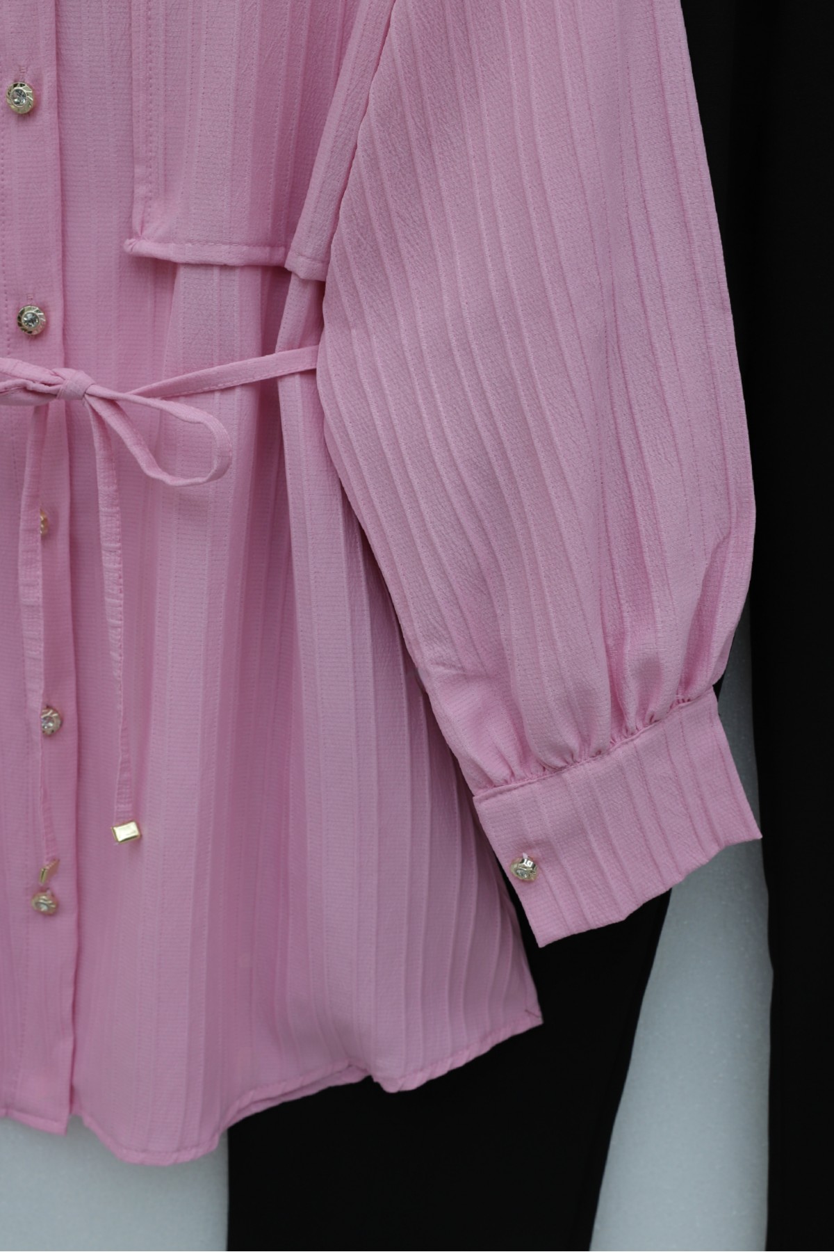 Tied Waist Bolero Detailed Stoned Button-Up Shirt -Pink