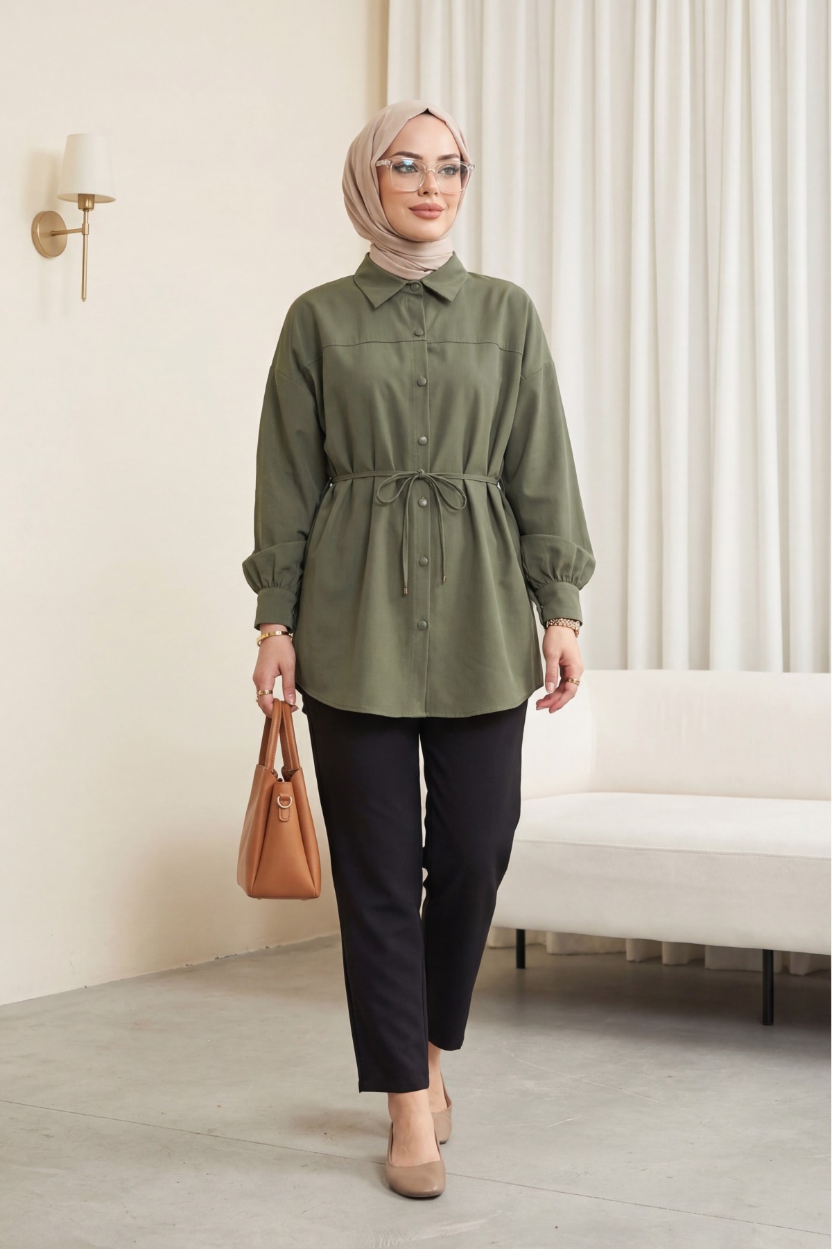 【新品】tope cross strap tunic Oversize Modal Tunic with Belt and Button Closure