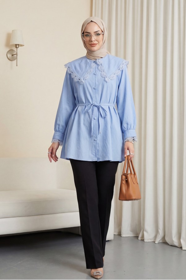 تونيك من قماش المودال بياقة بيتر بان، مكشكش، وخصر برباط  -أزرق