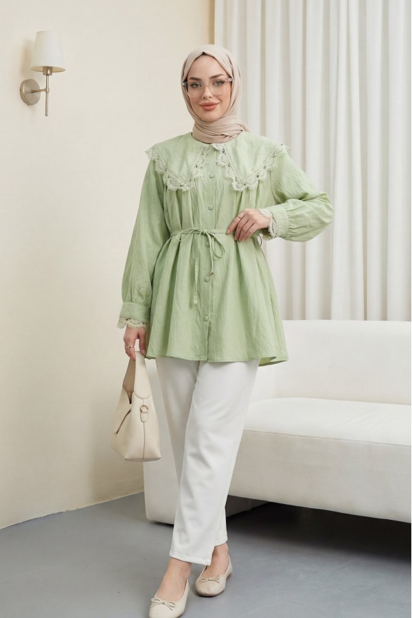 تونيك من قماش المودال بياقة بيتر بان، مكشكش، وخصر برباط  -كاجلا جرين